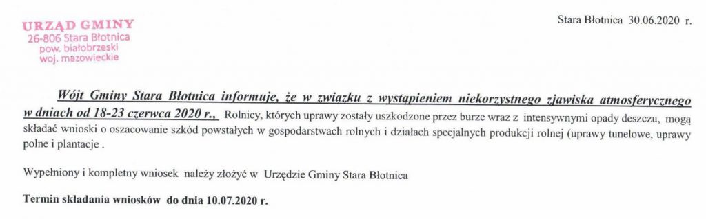 Miniaturka artykułu Informacja dotycząca składania wniosków o oszacowanie strat w poszkodowanych gospodarstwach rolnych na terenie Gminy Stara Błotnica (2020-07-01)